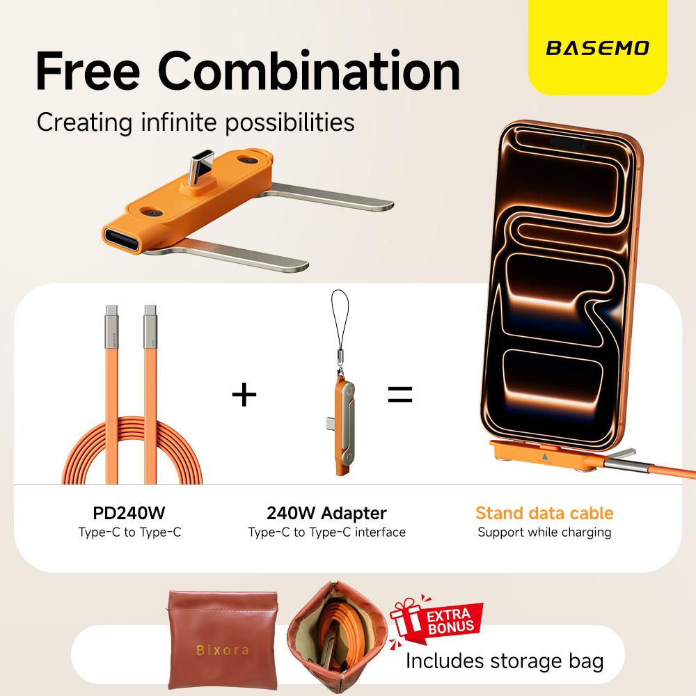 240W Super Fast Charging Cable with 360° Rotating Stand, Detachable Two-in-One Type-C Cable for Apple & Samsung, Zinc Alloy & Silicone Construction, Ideal for Gaming, Office, and Car Use