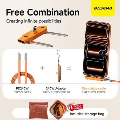 240W Super Fast Charging Cable with 360° Rotating Stand, Detachable Two-in-One Type-C Cable for Apple & Samsung, Zinc Alloy & Silicone Construction, Ideal for Gaming, Office, and Car Use