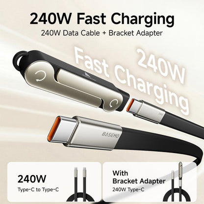 240W Super Fast Charging Cable with 360° Rotating Stand, Detachable Two-in-One Type-C Cable for Apple & Samsung, Zinc Alloy & Silicone Construction, Ideal for Gaming, Office, and Car Use