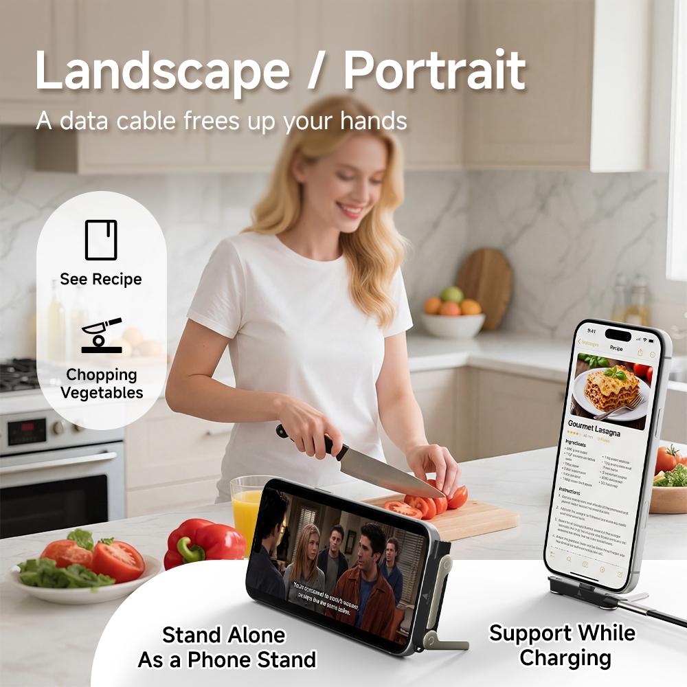 240W Super Fast Charging Cable with 360° Rotating Stand, Detachable Two-in-One Type-C Cable for Apple & Samsung, Zinc Alloy & Silicone Construction, Ideal for Gaming, Office, and Car Use